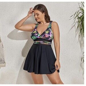 NWT BIKINX Tankini Swim Top Black Skirt With Floral‎ Top 3XL  Adjustable Straps